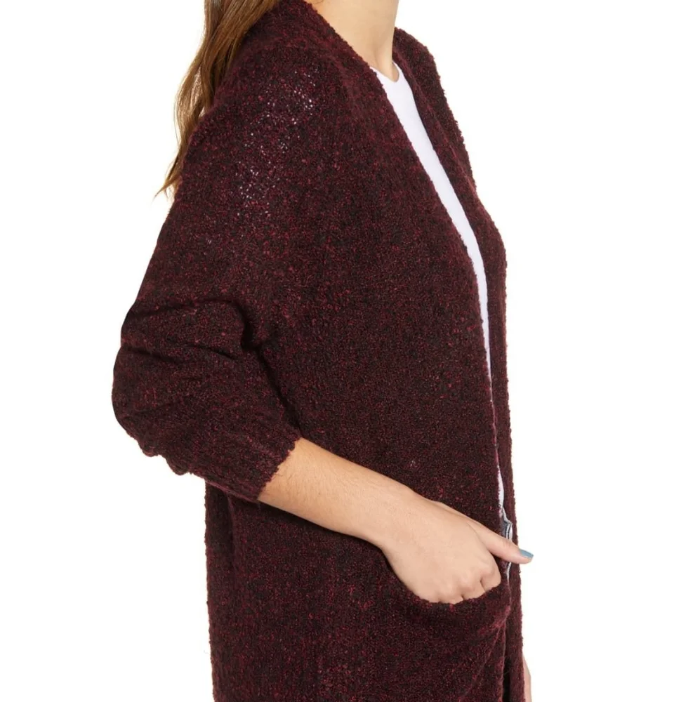 Nordstrom BP Bouclé Draped Cardigan Cozy Knit Burgundy Red Open NEW - Picture 1 of 8